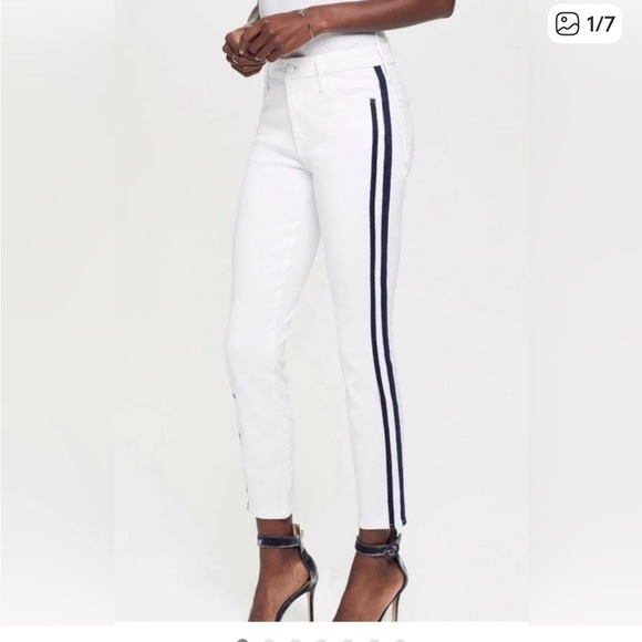 Ms. Cello Pants - Stylish White Cropped Pants with Black Stripe